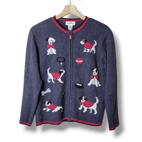 Talbots Sweaters - Talbots Vintage Dog Print Cardigan Sweater Full Zip Ramie Cotton Preppy Size S